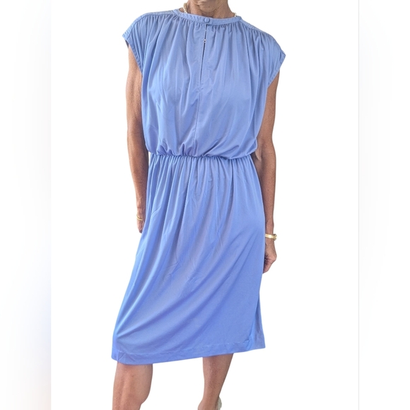 Vintage Joan Leslie Lavender Midi Dress Cap Sleeve Cinched Waist Retro 80s - Picture 12 of 14